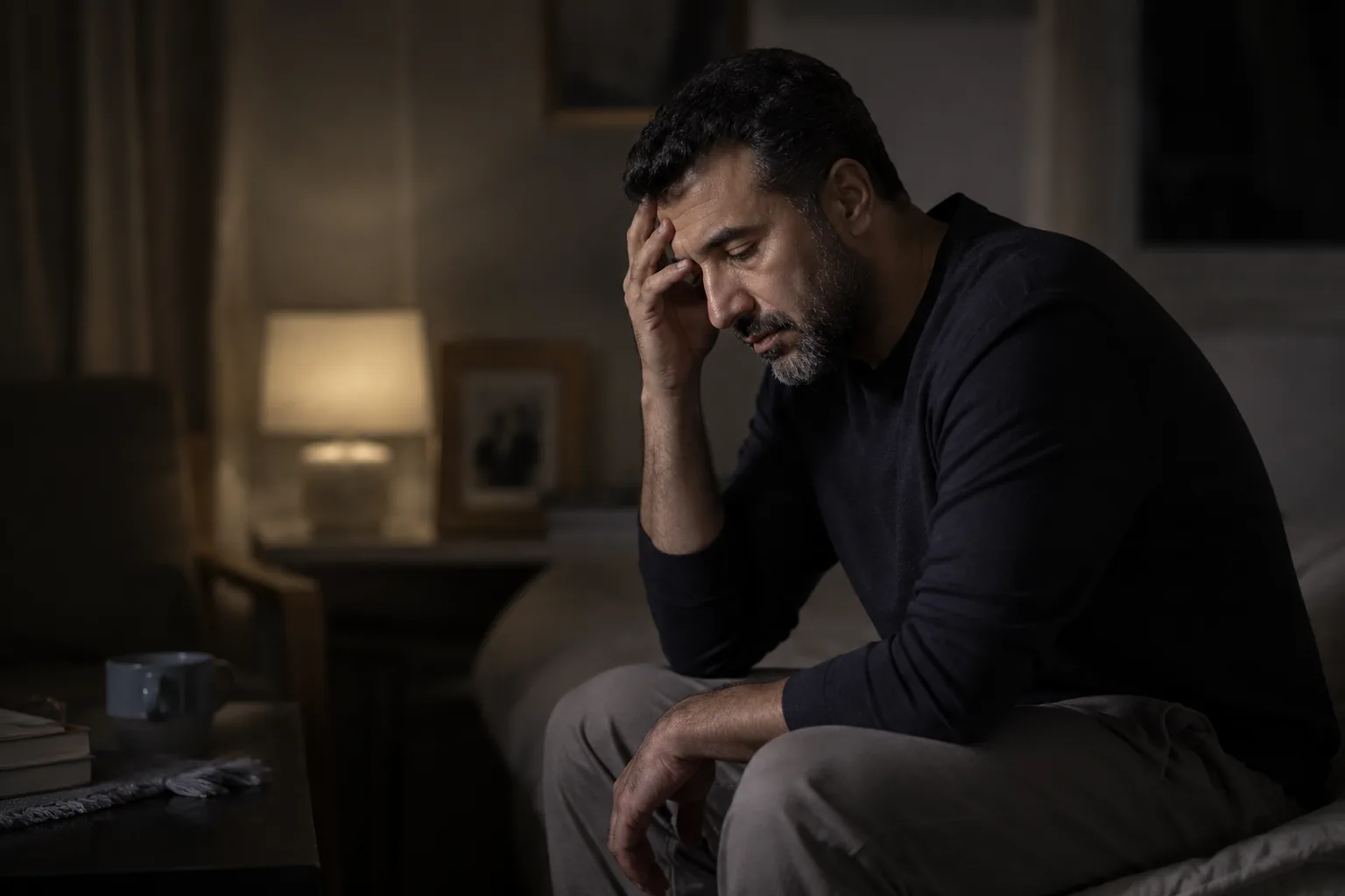 رجل عربي ناضج يجلس وحيدًا وهو يشعر بالتوتر والتفكير الزائد