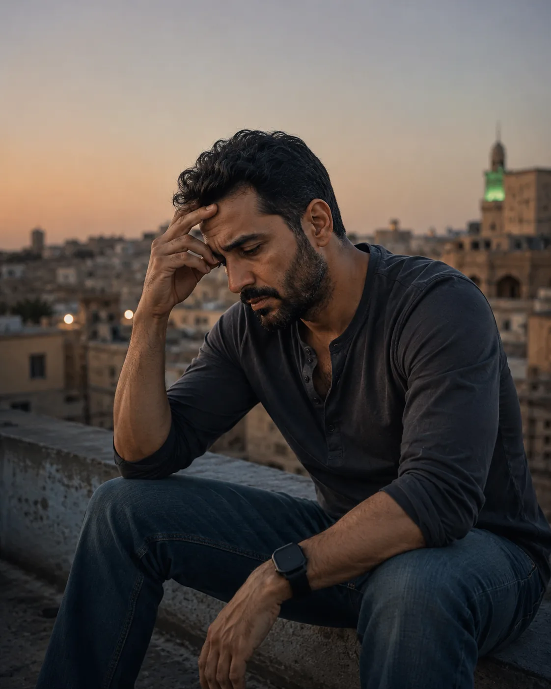 رجل عربي يفكر بهدوء وقت الغروب في تغييرات حياته